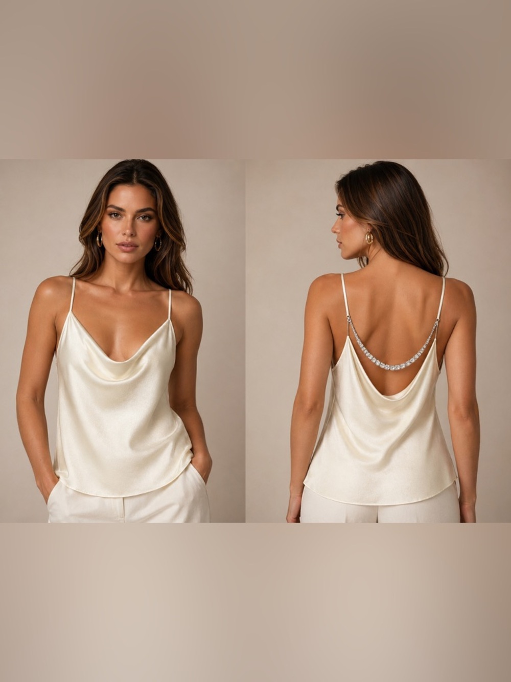EXPRESS Ivory Satin Cowl Neck Cami XL Rhinestone Draped Back Strap Silky Top New